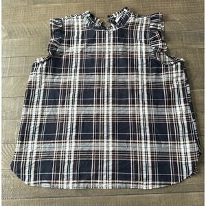 NWOT Loft Women's Navy Blue White Orange Plaid Short Sleeve Blouse Size XL